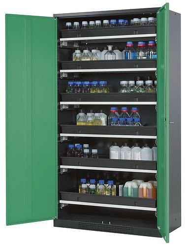 asecos Chemikalienschrank Systema-T CS-106, Korpus anthrazit, Flügeltüren grün, 6 Tablarauszüge, 209090