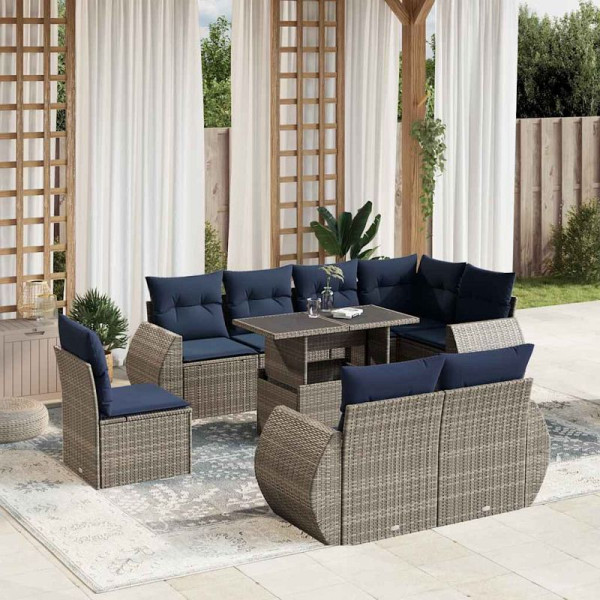 vidaXL 9-teiliges Gartensofa-Set mit Kissen, grau, Polyrattan, 3268671