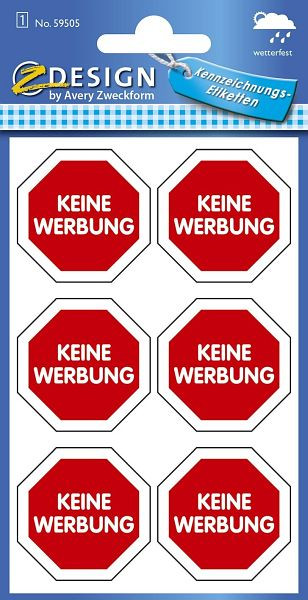 AVERY Zweckform 59505 Home Hinweis-Etikett "Keine Werbung", Kunststoff, 1 Bogen 6 Etiketten, 59505
