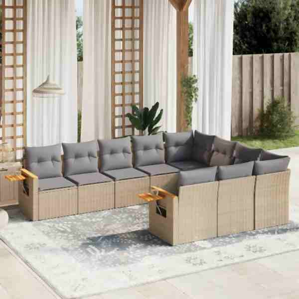vidaXL 10-tlg. Garten-Sofagarnitur mit Kissen Beige Poly Rattan, UV-beständig, 3259581