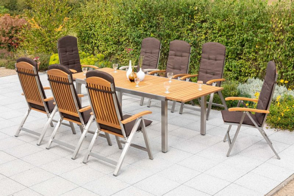 Merxx Keros Set 17-teilig, 8 Klappsessel, 8 Auflagen, braun, 1 Ausziehtisch, 180 (240) x 100 cm, Edelstahl mit FSC Akazienholz, 50247-602