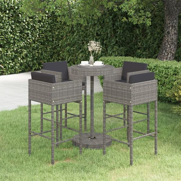 vidaXL 5-tlg. Gartenbar-Set mit Kissen Poly Rattan Grau, 3094776