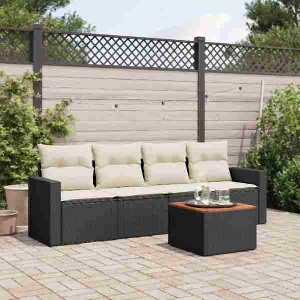 vidaXL 5-tlg. Garten-Sofagarnitur mit Kissen Schwarz Poly Rattan, UV-beständig, 3256329