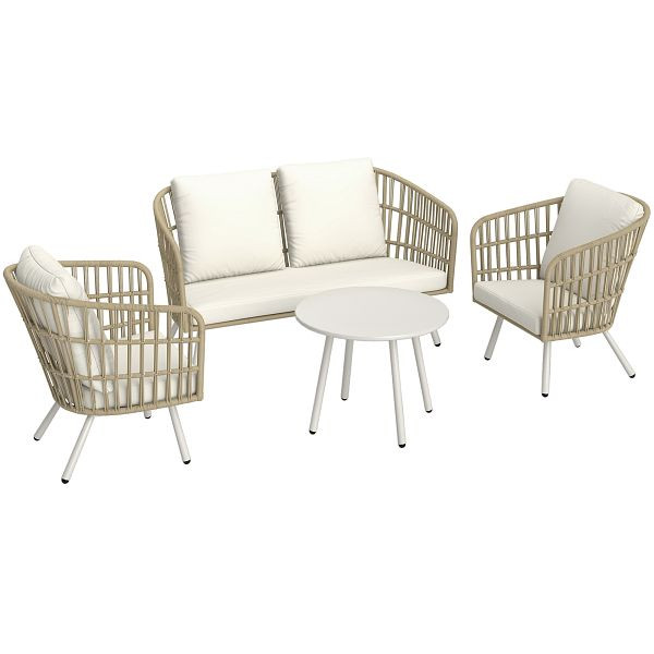 Outsunny Gartenmöbel Set aus Polyrattan Lounge-Set mit 2er Sofa Sessel Tisch Kissen wetterfest für 4 Personen Khaki, 860-368V00CW