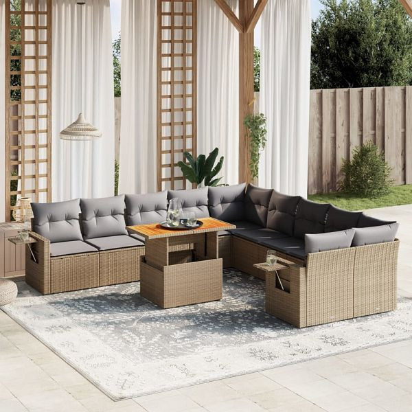 vidaXL 11-teilig Garten-Sofagarnitur mit Kissen Beige Poly Rattan, 3271948