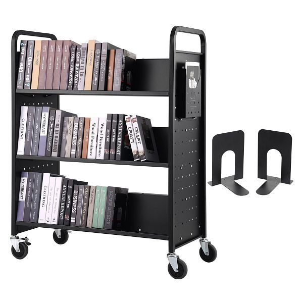 VEVOR Bibliothekswagen 1000 x 510 x 1250 mm 3 Regale Kohlenstoffstahl + kaltgewalzte Stahlplatte 150 kg Gewichtskapazität, WXTSGTCHS330K73PFV0