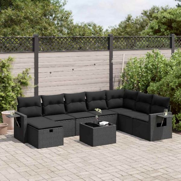 vidaXL 9-tlg. Garten-Sofagarnitur mit Kissen Schwarz Poly Rattan, 3325541