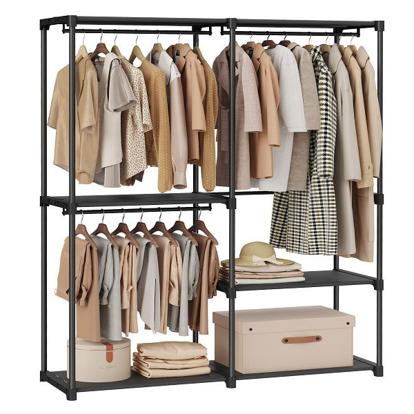 SONGMICS Kleiderschrank, tragbarer Kleiderschrank, Kleiderregal, 43 x 138 x 182 cm, 3 Hängestäbe und Regale, schwarze, RYG025B02