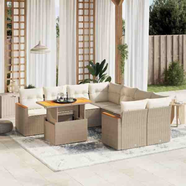 vidaXL 9-tlg. Garten-Sofagarnitur mit Kissen Beige Poly Rattan, UV-beständig, 3273004