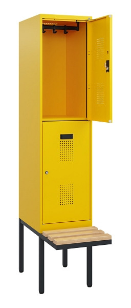 C+P Doppelstock-Spind Evolo PLUS, Bank, 2 Fächer, 1950x400x815mm, 1023/1023, Zylinderschloss, Sitzfläche Buche-Hartholz, 0493405-12 S10062