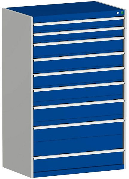 bott cubio Schubladenschrank bestückt mit 9 Schwerlastschubladen BxTxH: 1050 x 650 x 1600 mm, RAL 7035/5010, 40021044.11V