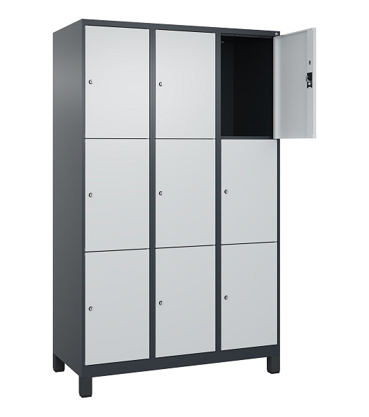 C+P Schließfachschrank Evolo PLUS, mit Füßen, 9 Fächer, 1950x1200x500mm, 7016/7, Frontfarbe RAL 7035 Lichtgrau, 049010-323 S10017