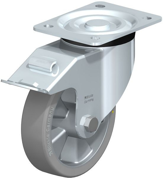 Blickle L-ALTH 151K-FI-AS Stahlblech-Lenkrolle, mittelschwere Ausführung, mit Anschraubplatte & Feststeller, Blickle Extrathane®, Grau, 852473