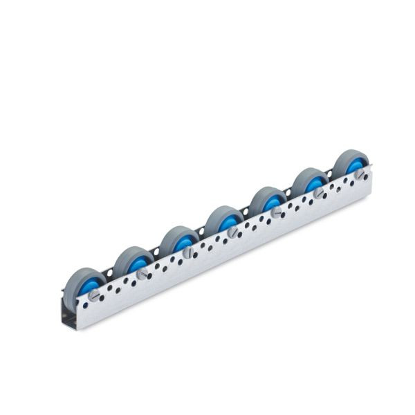 Torwegge Universalrollschiene, Gesamtbauhöhe 64 mm, Teilung 100 mm, Rollentyp 2300/54/8-GU Kunststoffröllchen mit Gummierung, 0035936