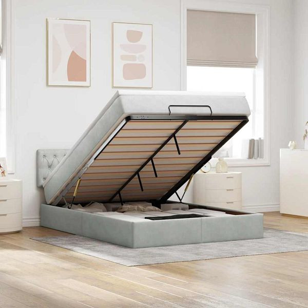 vidaXL Ottoman-Bett mit Matratze & LEDs Hellgrau 140x200 cm Samt, 3312698