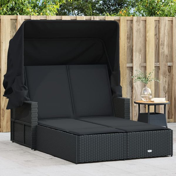 vidaXL Doppel-Sonnenliege mit Dach und Auflagen Schwarz Poly Rattan, 365807