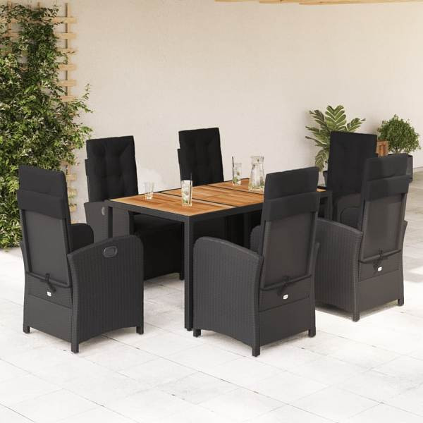 vidaXL 7-tlg. Garten-Essgruppe mit Kissen Schwarz Poly Rattan, UV-beständig, 3212477