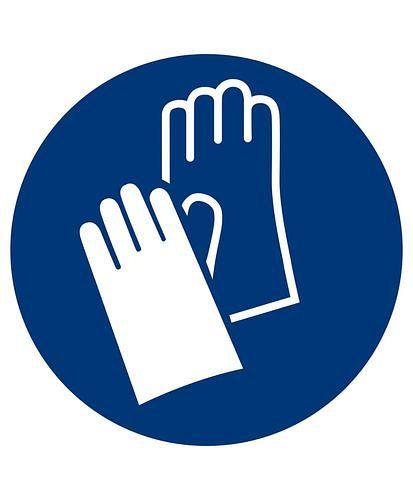 DENIOS Gebotsschild "Handschuhe benutzen", ISO 7010, Folie, selbstklebend, 50 mm, VE: 10 Bogen à 6 Stück, 285087