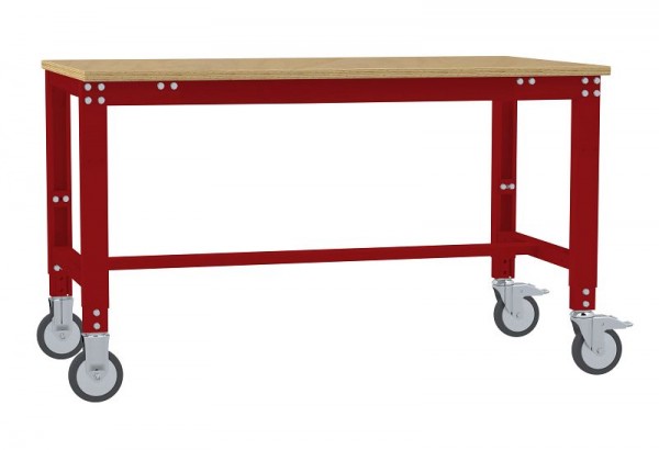 Manuflex Arbeitstisch UNIVERSAL Spezial mobil mit Multiplexplatte, BxTxH = 1250 x 600 x 752-972 mm, Rubinrot, AU7325.3003