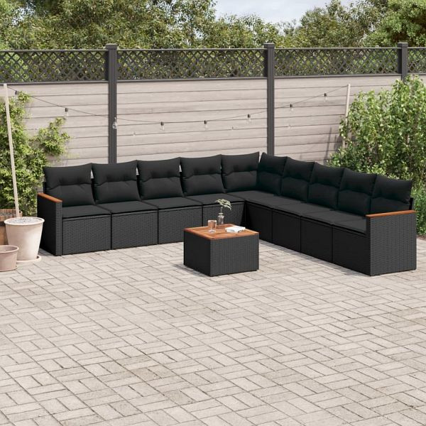 vidaXL 10-teilig Garten-Sofagarnitur mit Kissen Schwarz Poly Rattan, 3258464