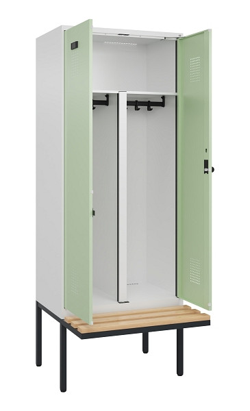 C+P PSA Doppel-Spind Evolo PLUS, Bank, 2 Abteile, 2120x800x815mm, 9016/6019, Drehriegel, Sitzfläche Holz, 0490427-22P S10019