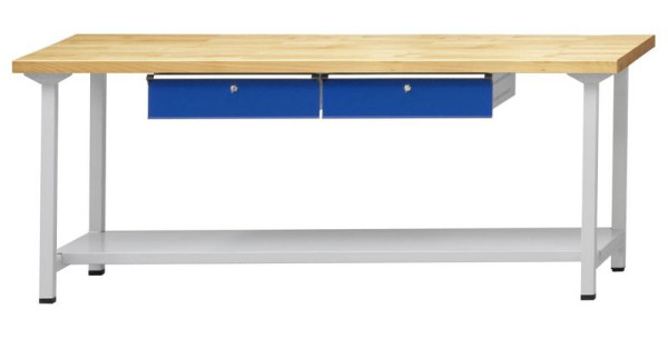 ANKE Werkbänke Arbeitstisch; 2000x700x850 mm; RAL 7035/5010; Buche-Massiv-Platte 50 mm; 2xHängeschublade; 1xAblageboden aus Stahlblech 500 mm tief, 400.382