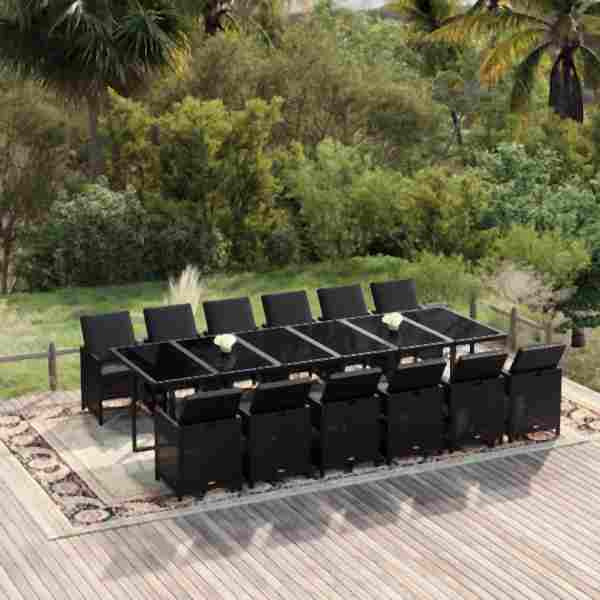 vidaXL 13-tlg. Garten-Essgruppe mit Kissen Poly Rattan Schwarz, 3095612