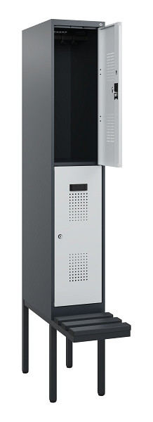 C+P Doppelstock-Spind Evolo PLUS, Bank, 2 Fächer, 1950x300x815mm, 7016/7035, Zylinderschloss, Sitzfläche Kunststoff, 0493405-10 S10152