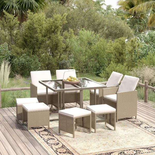 vidaXL 9-teilig Garten-Essgruppe mit Kissen Poly Rattan Beige, 3095517