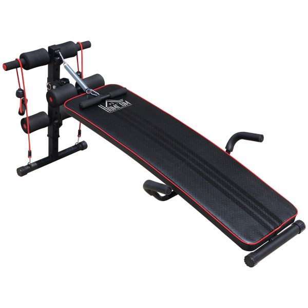 HOMCOM Sit Up Bank Bauchtrainer Trainingsbank Fitnessbank inkl. Widerstandsbände Schwarz + Rot 55,5 x 137,5 x (50–68) cm 120 kg Belastbarkeit, A91-072