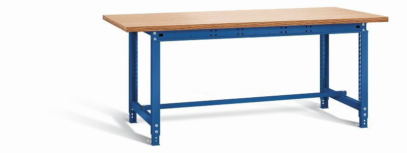 Otto Kind Werktisch allrounder, höhenverstellbar von 715-955 mm, Multiplexplatte 25 mm, überstehend, 2 Fußgestelle, komplett RAL 5010, 072318013