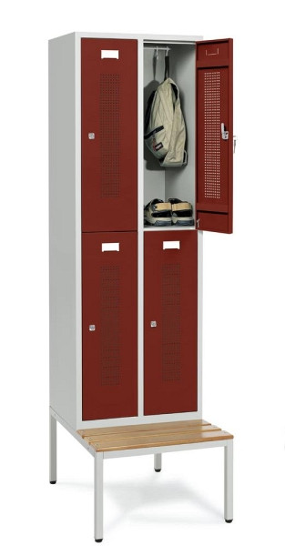 Deskin Doppelstöckiger Spind mit Sitzbank, Rubinrot RAL 3003, 590 x 800 x 2050 mm, 4 Abteile, Korpus: Lichtgrau RAL 7035, 331493