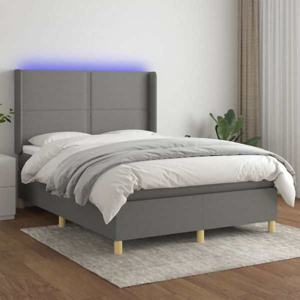 vidaXL Boxspringbett mit Matratze & LED Dunkelgrau 140x200 cm Stoff, 3138798
