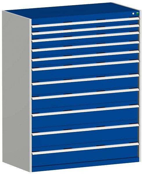 bott cubio Schubladenschrank bestückt mit 11 Schwerlastschubladen BxTxH: 1300 x 750 x 1600 mm, RAL 7035/5010, 40030030.11V