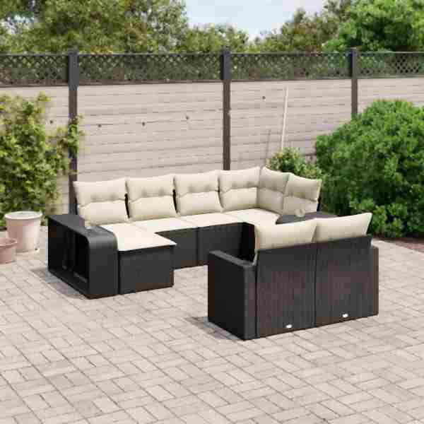 vidaXL 10-tlg. Garten-Sofagarnitur mit Kissen Schwarz Poly Rattan, UV-beständig, 3228896