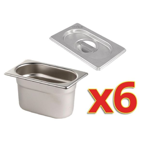 Vogue 6x GN-Behälter mit Deckel GN1/9, 100 mm tief, S430