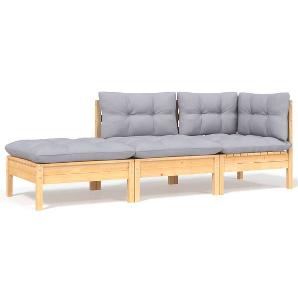 vidaXL 3-tlg. Garten-Lounge-Set mit Grauen Kissen Kiefer Massivholz, 806663