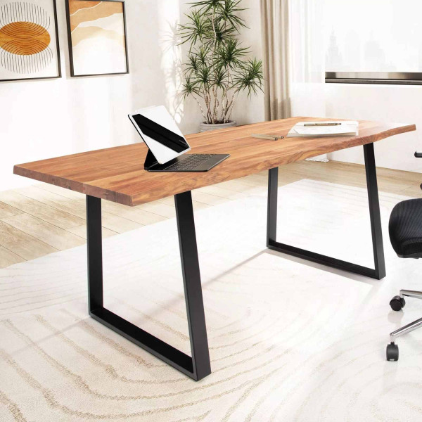 Wohnling Schreibtisch 200x100x76 cm Akazie Massivholz/Metall Computertisch, Bürotisch mit Trapezbeinen in Schwarz, Holztisch Arbeitszimmer, WL7.265