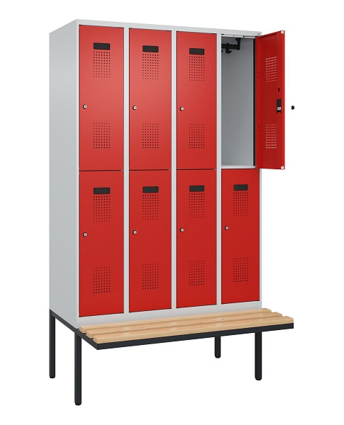 C+P Doppelstock-Spind Evolo PLUS, Bank, 8 Fächer, 2120x1200x815mm, 7035/3020, Zylinderschloss, Sitzfläche Buche-Hartholz, 0493407-40 S10032