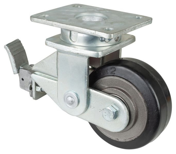 BS Rollen Gefederte Schwerlastrolle mit Feststeller, Breite 50 mm, Ø125 mm, bis 275 kg, Elastik-Reifen schwarz, Radkörper Guss, Kugellager, T120.B81.125