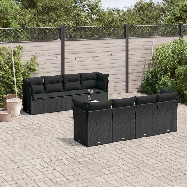 vidaXL 9-teilig Garten-Sofagarnitur mit Kissen Schwarz Poly Rattan, 3249144
