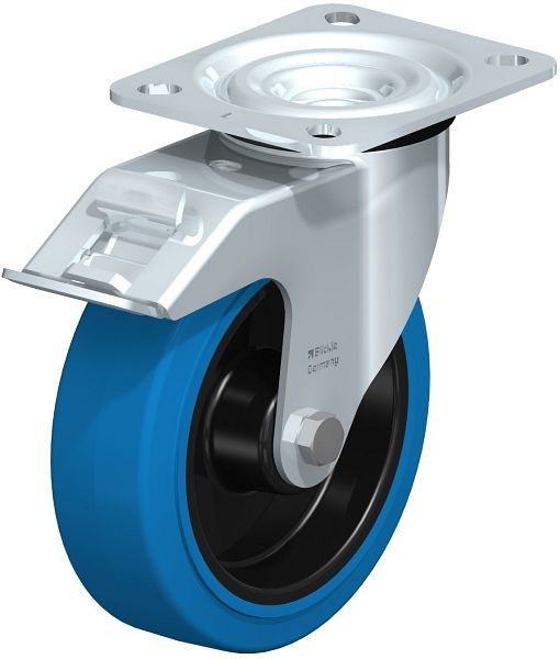 Blickle L-POEV 125XR-FI-SB Stahlblech-Lenkrolle, mittelschwere Ausführung, mit Anschraubplatte & Feststeller, Elastik-Vollgummi, Blau, 850550