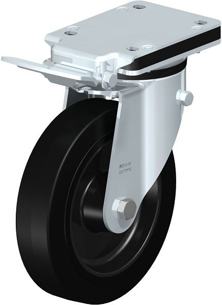 Blickle LK-POEV 200R-IS Stahlblech-Lenkrolle, mittelschwere Ausführung, mit Anschraubplatte & Feststeller, Elastik-Vollgummi, Schwarz, 739901