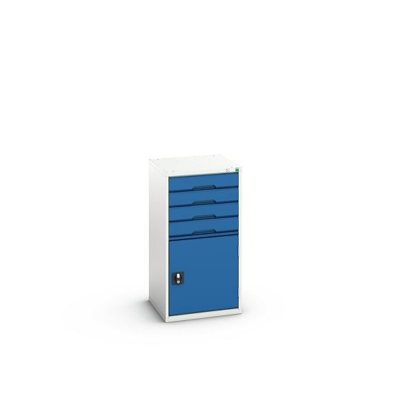bott verso Schubladenschrank mit Flügeltür, mit 4 Schubladen und Fachboden, BxTxH: 525 x 550 x 1000 mm, Lichtgrau / Enzianblau, 16925065.11