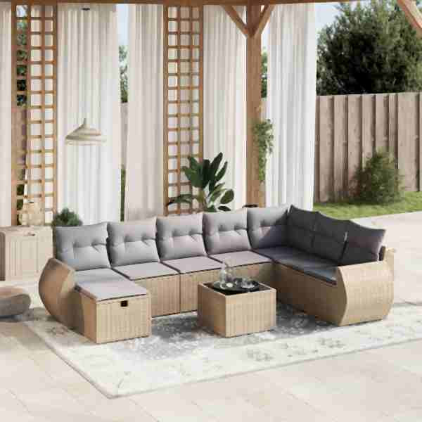 vidaXL 9-tlg. Garten-Sofagarnitur mit Kissen Beige Poly Rattan, UV-beständig, 3264215
