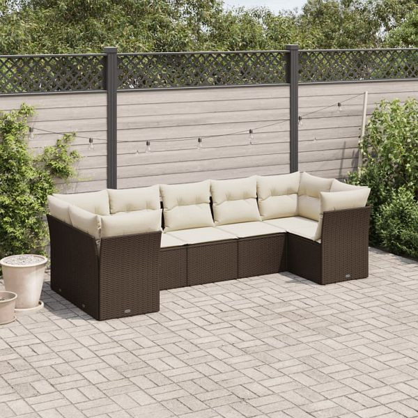 vidaXL 7-teilig Garten-Sofagarnitur mit Kissen Braun Poly Rattan, 3218123
