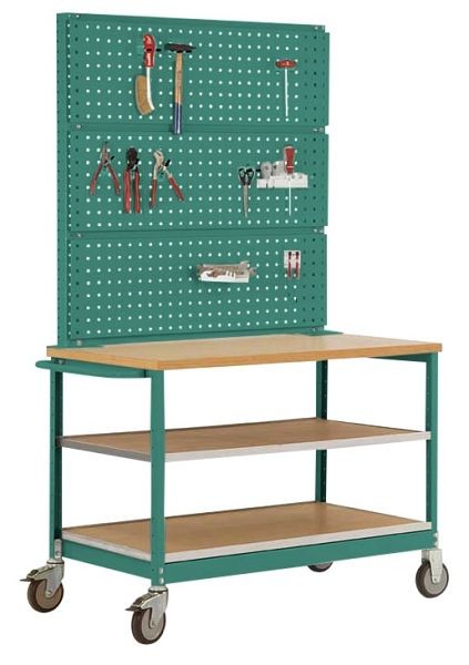 Manuflex Mobile Werkbank Modell 3 mit geölter Multiplex-Abdeckplatte 30 mm BxTxH 1135 x 590 x 810 mm, graugrün, MW2011.0001
