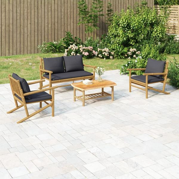 vidaXL 4-teilig Garten-Lounge-Set mit Dunkelgrauen Kissen Bambus, 3156470