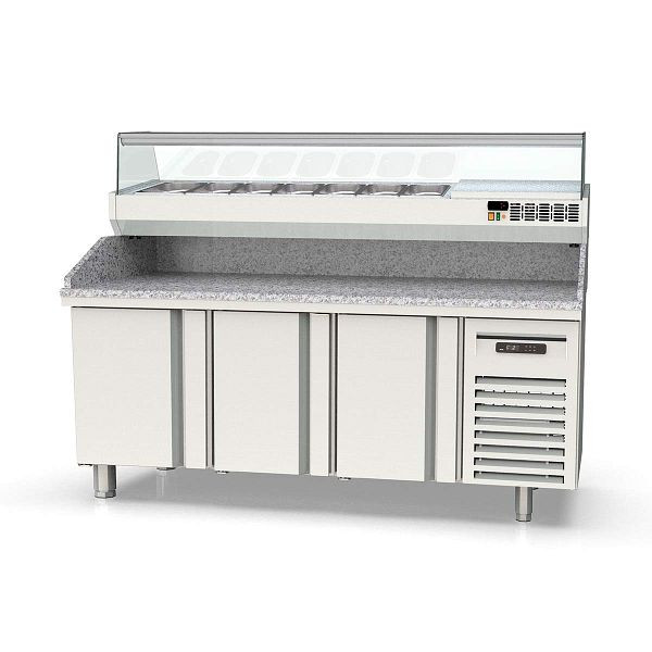 Vaiotec TOPLINE Pizzatisch 800 / 3-fach mit Türen, EN 60x40, Granitplatte grau, inkl. Kühlaufsatz, GN 1/4, Breite: 2020 mm, 11630
