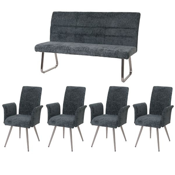 Mendler Esszimmer-Set HWC-G55, 4er-Set Stuhl mit Armlehne+Sitzbank 160cm, Edelstahl gebürstet Stoff/Textil Chenille, blau-grün, 108105+2x108225
